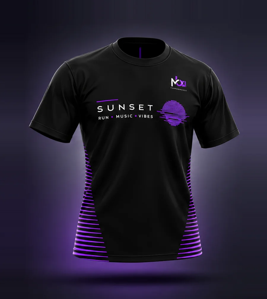Camiseta oficial Sunset, frente: Run · Music · Vibes